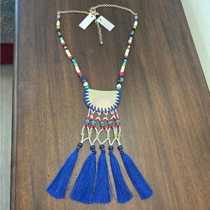 Chico’s Bohemian Multicolor Beaded Necklace with Blue Tassels 38” New